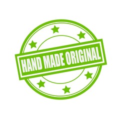 Hand Made Original white stamp text on circle on green background and star