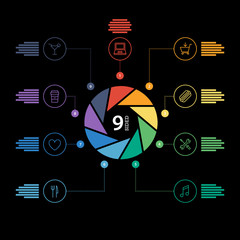 Flat shutter diagram template for your business presentation with text areas and icons. Editable vector infographic graphic design. Black background.