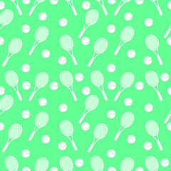 Seamless vector pattern with elements of white rackets and balls over green background