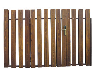 Old brown wooden gate with lock isolated over white