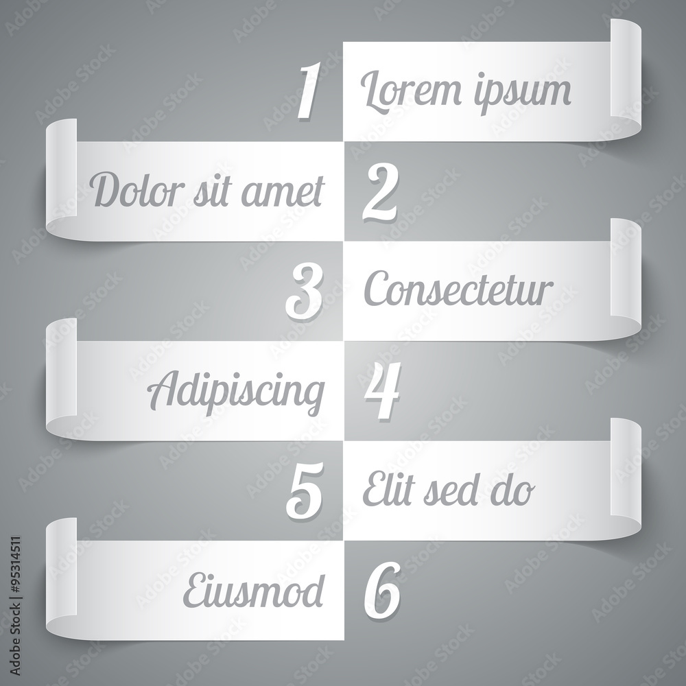 Aufkleber infographics 6 options curled white paper stripe banners with realistic shadows and on grey backgrou