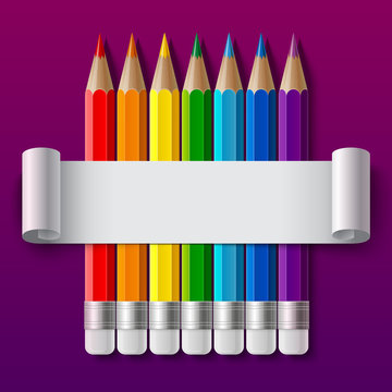Rainbow color pencils and curled paper sheet with realistic shadow on purple gradient background