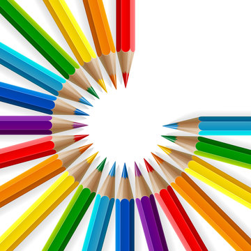 Circle of rainbow colored pencils with realistic shadows on white background