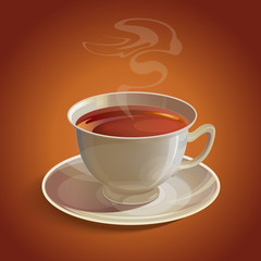 Isolated realistic white tea cup and saucer with vapor on brown background