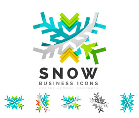 Set of abstract colorful snowflake logo icons, winter concepts, clean modern geometric design