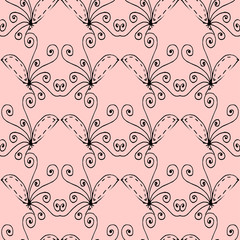 Black seamless floral pattern with pink flowers and curls