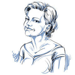 Hand-drawn portrait of white-skin romantic woman, face emotions