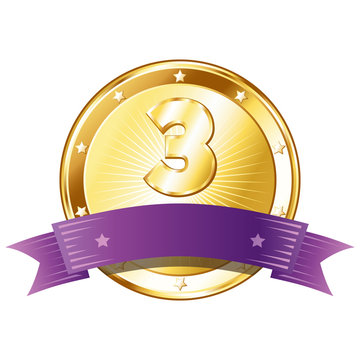 Three Year Anniversary - Round Gold Badge with Purple Ribbon