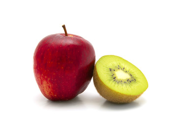 apple and kiwi fruit on white background close-up