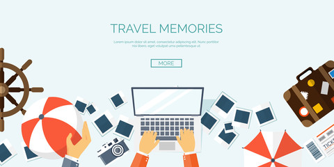 Flat travel background. Summer holidays, vacation. Plane, boat, car  traveling. Tourism, trip  and journey