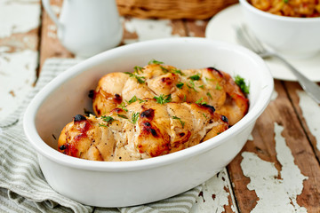 Healthy dinner - baked chicken breast with vegetables in a rustic style,horizontal