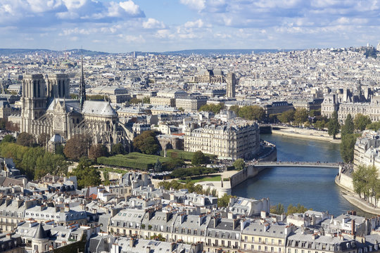Aerial view of Notre-Dame cathedral and Paris roofs