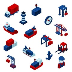  Isometric  Color Seaport Icons  Set