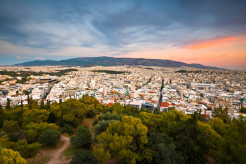 Fototapeta premium Evening view of Athens from Filopappou hill, Greece.