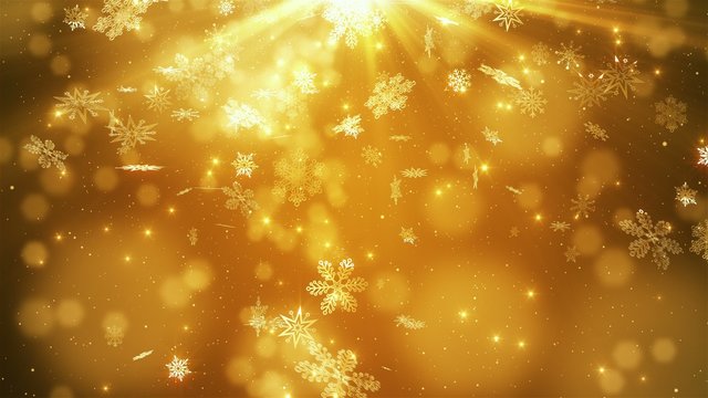 Beautiful falling snowflakes - gold winter background.