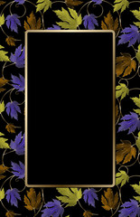 Copper,purple, green maple leaves and vines pattern on black. Black area with gold border in center with room for text. Sized to fit half sheet of paper (8.5 x  5.5 inches). 
