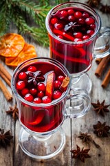 homemade mulled wine with orange slices, cranberries, cinnamon and anise