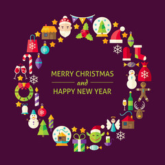 Merry Christmas New Year Holiday Flat Design Icons Circle Set