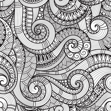 Seamless black and white abstract hand-drawn pattern, waves back