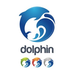 Obraz premium Dolphin jumping above waves. Dolphin With Wave Creative Logo Icon