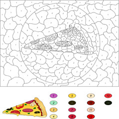 Color by number educational game for kids. Pizza with salami, to