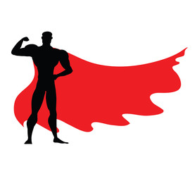 Superhero icon - vector black Superhero silhouette wearing red cloak flying on wind. Superman with strong arm posing. Strong man as fitness sign, masculinity symbol, protection emblem. Eps 10.