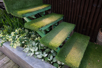 Fototapeta na wymiar green grass staircase in garden, interior decoration home garden