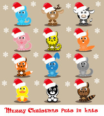 Set vector twelve icons funny pets in santa hats: cat, deer, cow, dog, tiger, wolf, fox, squirrel, raccoon, rabbit, duck, panda
