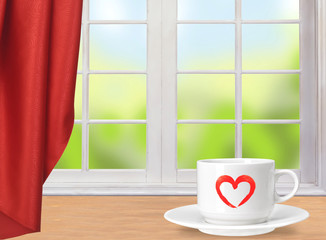 White coffee cup on wooden table and window with nature backgrou