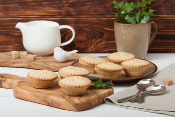Mince Pies. Traditional Christmas Food. Olive Tree Board. Silver
