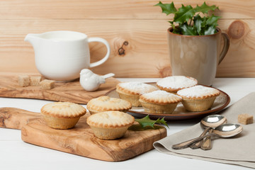 Mince Pies. Traditional Christmas Food. Olive Tree Board. Silver