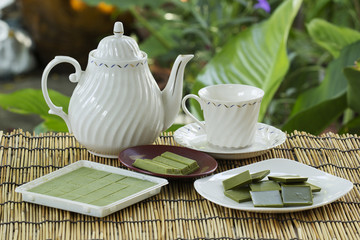 Matcha green tea chocolate with tea pot