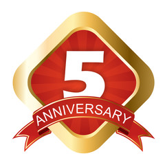 red and gold sign five anniversary
