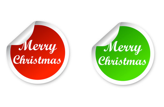 two stickers in red and green colors merry christmas
