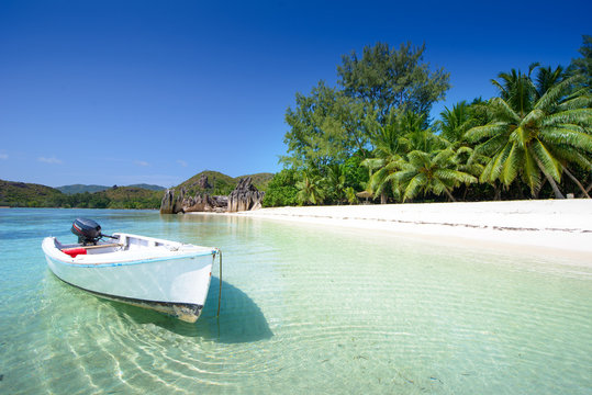 Fototapeta wooden boat on the beach with palms