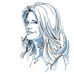 Hand-drawn portrait of white-skin dreamy woman, face emotions 