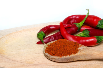 Red peppers in a wooden plate and red peppers powder in a wooden spoon