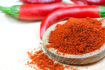 Red pepper powder on a wooden spoon and peppers in the background