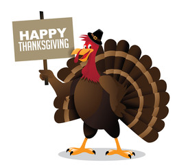 Cartoon turkey holding happy Thanksgiving sign. EPS 10 vector, grouped for easy editing. - 95332994