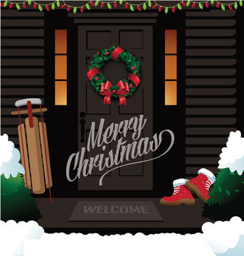 
Christmas front door with sleigh wreath and boots. EPS 10 vector illustration