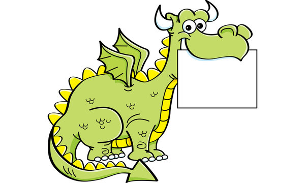 Cartoon illustration of a dragon holding a sign.