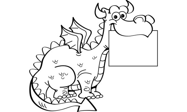 recommend clip art: Black and white illustration of a dragon holding a sign.