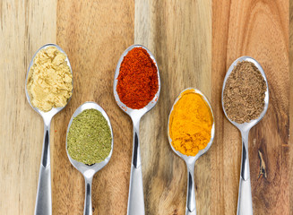 The powders of: bay leaf, turmeric, mustard, red paprika and nutmeg are poured in the spoons on the wooden background.