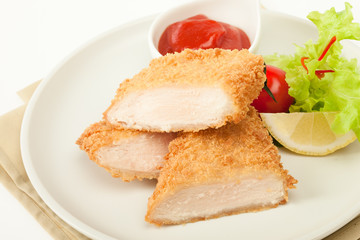 Fried chicken meat in breadcrumbs