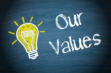 Our Values - light bulb with text on blue background