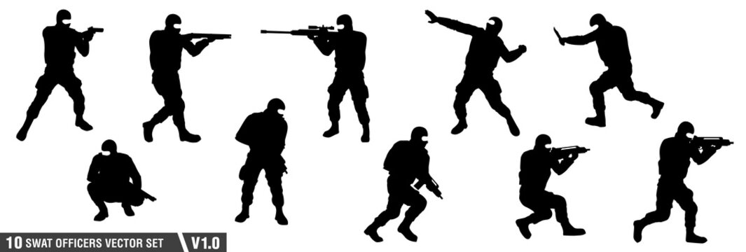 10 swat officers silhouette vector set v.01
