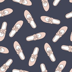 Pink ballet shoes fashion background. Ballerina shoes seamless pattern on dark blue background. - 95337317