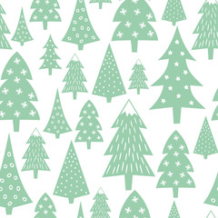 Christmas pattern - varied Xmas trees and snowflakes. Simple seamless Happy New Year background. Vector design for winter holidays on white background. Child drawing style forest.
