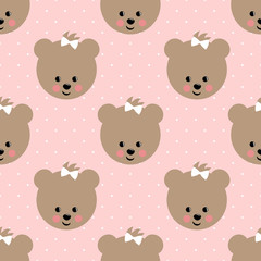 Happy teddy bear seamless pattern on pink polka dots background. Cute vector background with girl teddy bear. Child style illustration.