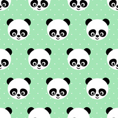 Baby panda seamless pattern on mint polka dots background. Cute vector background with smiling baby animal panda. Child style illustration.